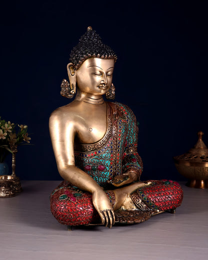 Brass Gem Stone Work Bhumisprasa Buddha Statue Weight 6.6 kg & Height 9.7 Inch