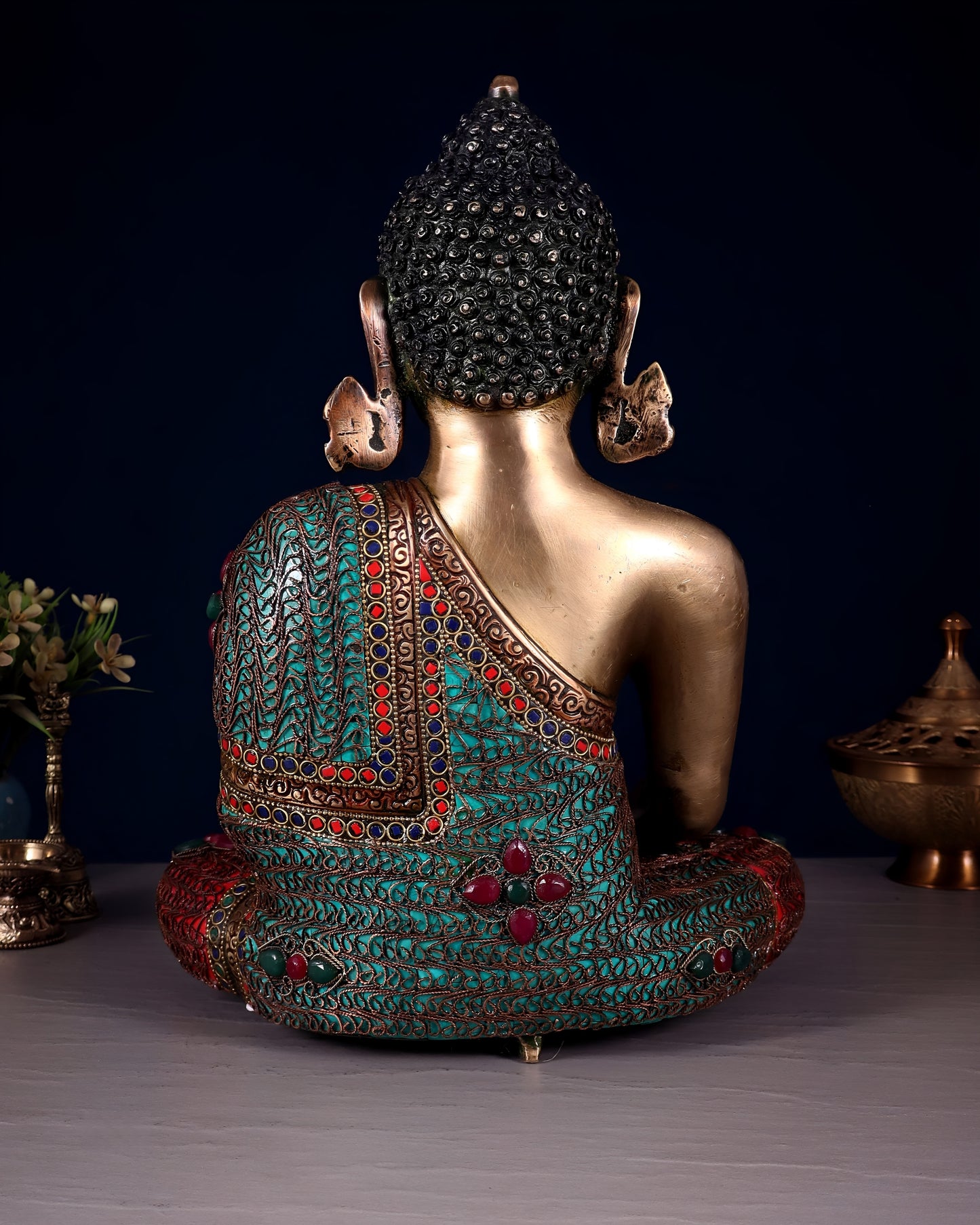 Brass Gem Stone Work Bhumisprasa Buddha Statue Weight 6.6 kg & Height 9.7 Inch