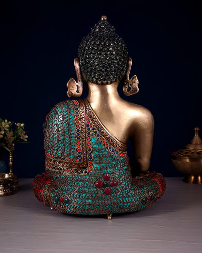 Brass Gem Stone Work Bhumisprasa Buddha Statue Weight 6.6 kg & Height 9.7 Inch