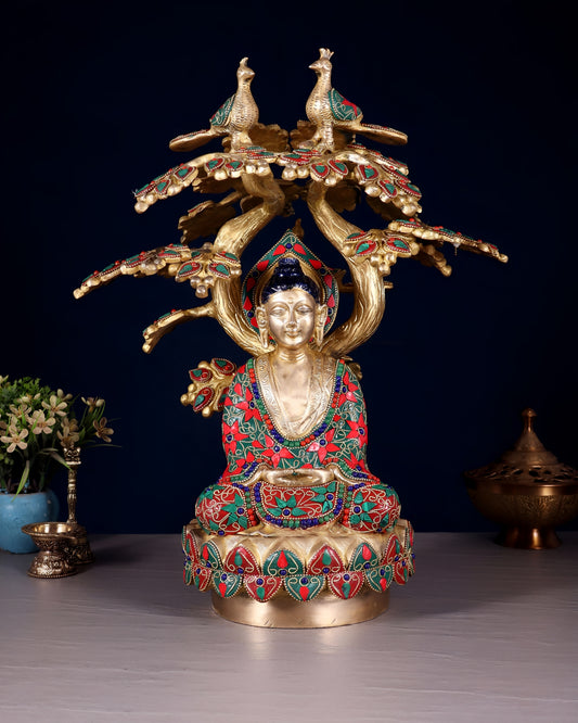 Brass Gem Stone Work Tree Bhumisprasa Buddha Statue Weight 10 kg & Height 14.5 Inch