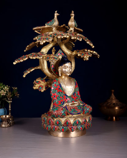 Brass Gem Stone Work Tree Bhumisprasa Buddha Statue Weight 10 kg & Height 14.5 Inch