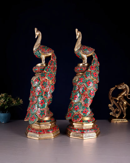 Brassaura™ Brass Peacock Pair with Floral Meenakari Detailing – Height 20 Inches & Weight 17 Kgs (Pair