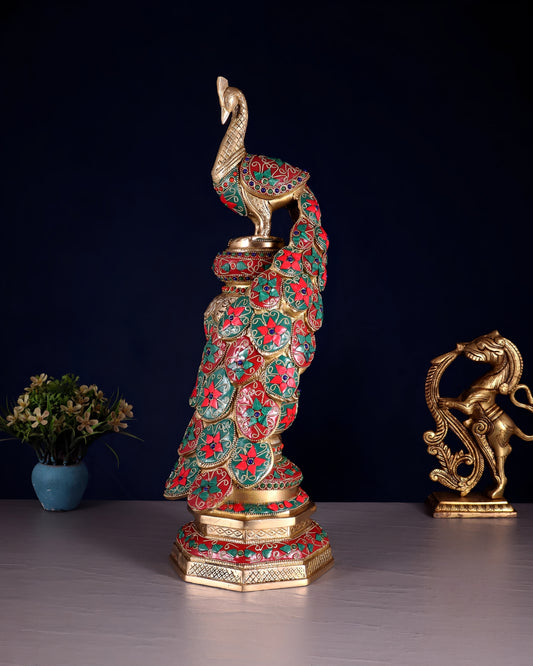Brassaura® Brass Large Peacock Showpiece with Meenakari Work – Height 20 Inches & Weight 8.5 Kgs