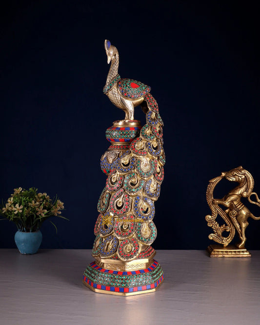 Brassaura® Brass Large Peacock Showpiece with Meenakari Work – Height 20 Inches & Weight 8.5 Kgs