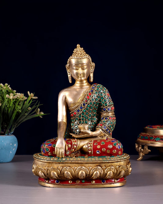 Brass Gem Stone Work Bhumisprasa Buddha Statue Weight 3 kg & Height 3.5 Inch