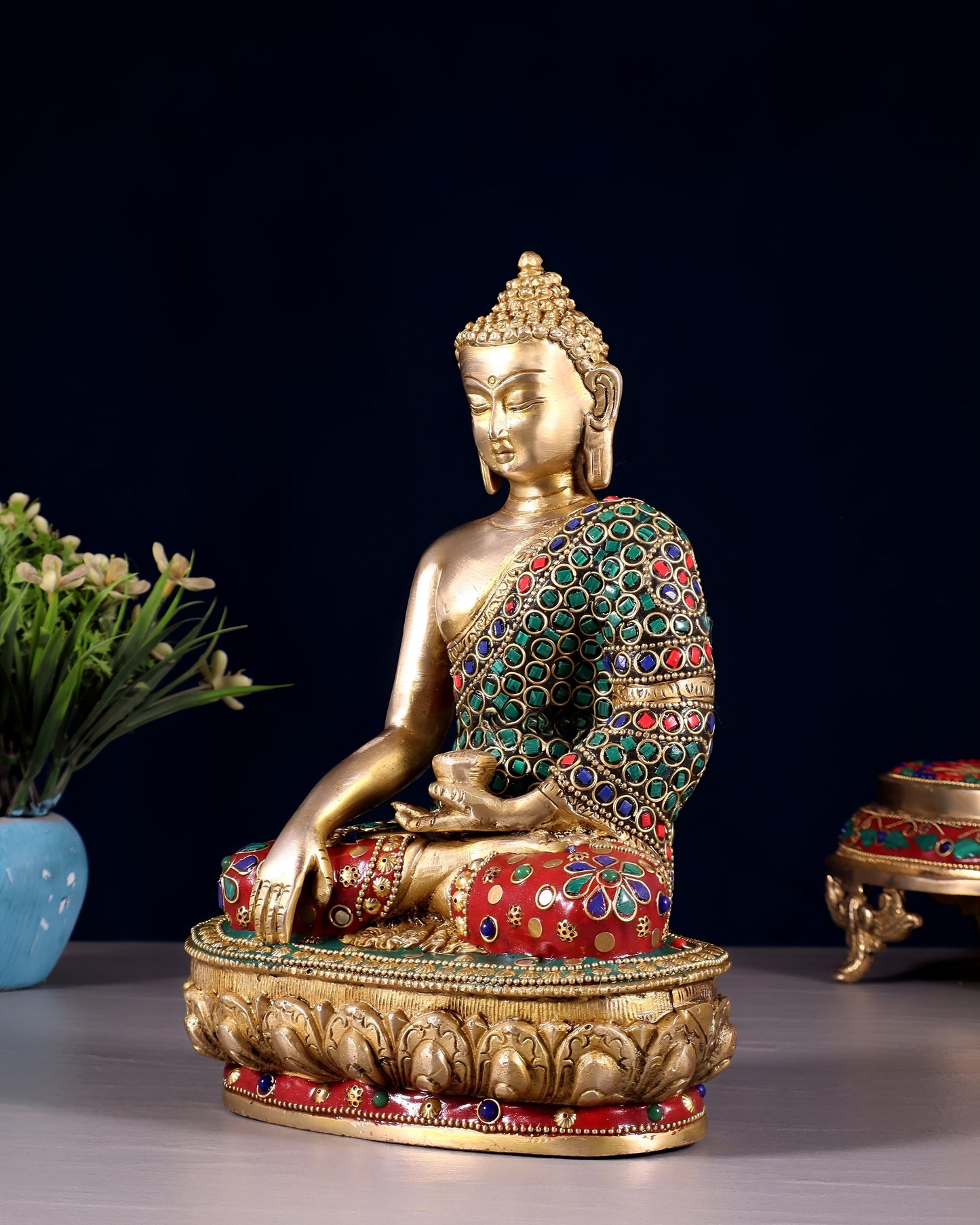 Brass Gem Stone Work Bhumisprasa Buddha Statue Weight 3 kg & Height 3.5 Inch