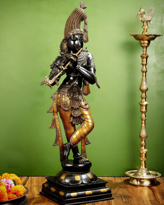 Brassaura™ Superfine Brass Krishna Murlidhar Idol – Height 36 Inches & Weight 27 Kgs | Black Antique Finish