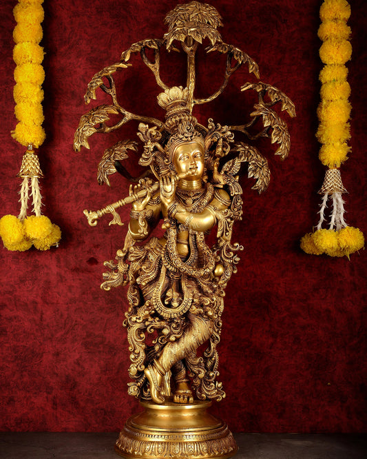 Brassaura® Superfine Brass Lord Krishna Under Kalpavriksha Tree Statue | Handcrafted Krishna Playing Flute Murti | Home Temple, Spiritual Décor & Luxury Gifting | Height 35 Inches | Weight 32 Kg