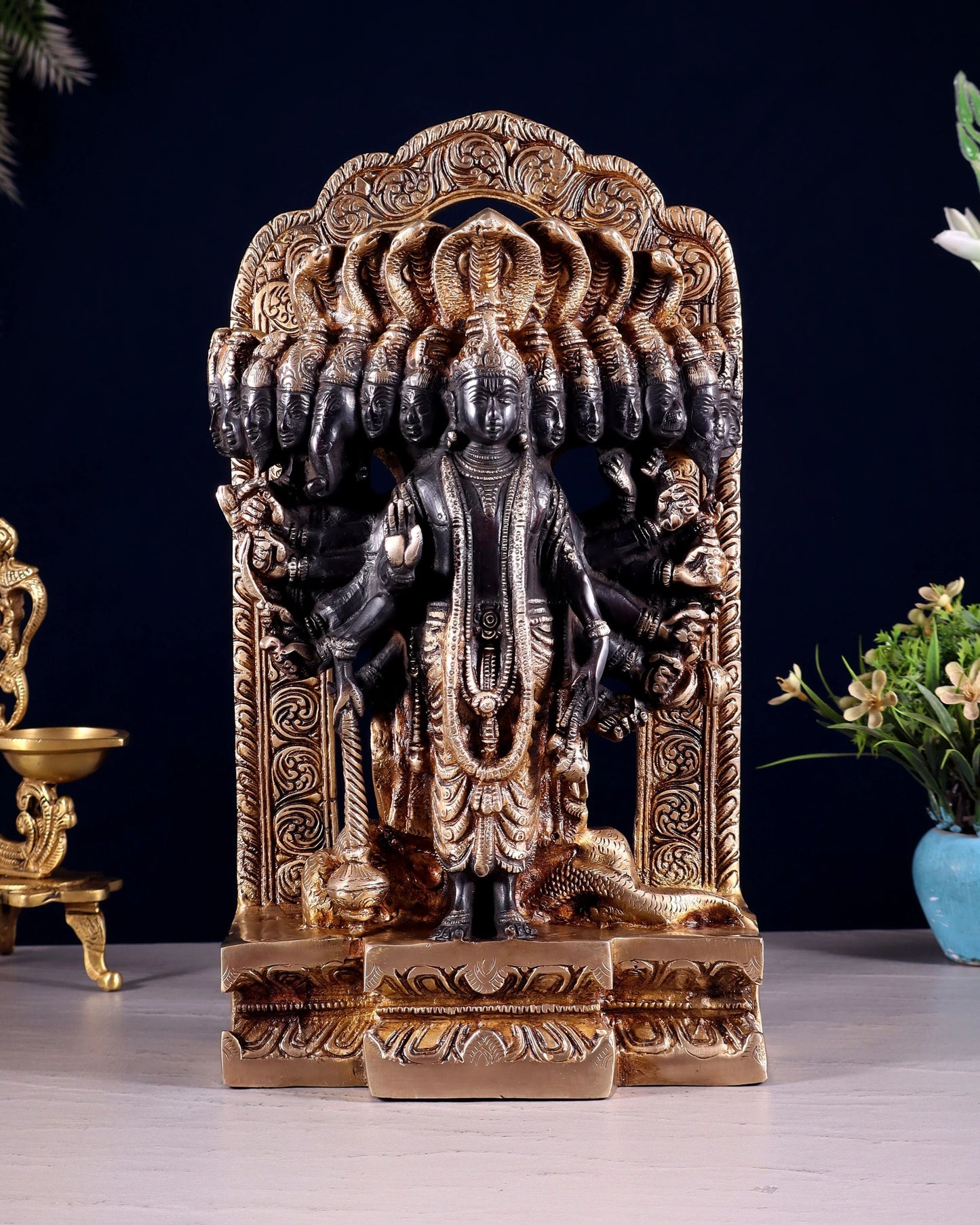 Brassaura™ Brass Vishwaroopam Lord Vishnu Statue – Height 14.5 Inches & Weight 9.5 Kgs | Black & Golden Finish
