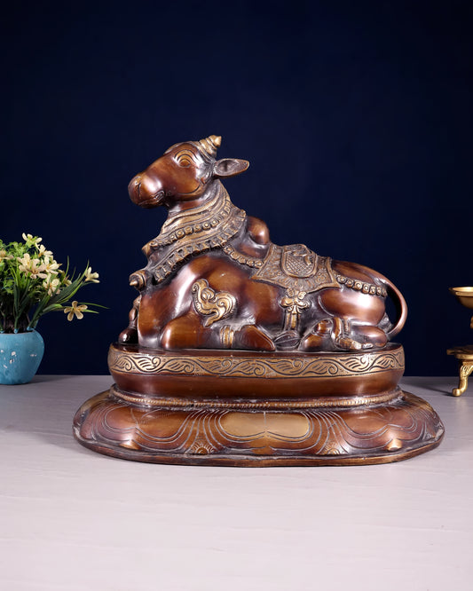 Brassaura™ Pure Brass Nandi/Nandikeshwar Idol – Height 10" & Weight 7.5 Kgs | Seated on Engraved Base