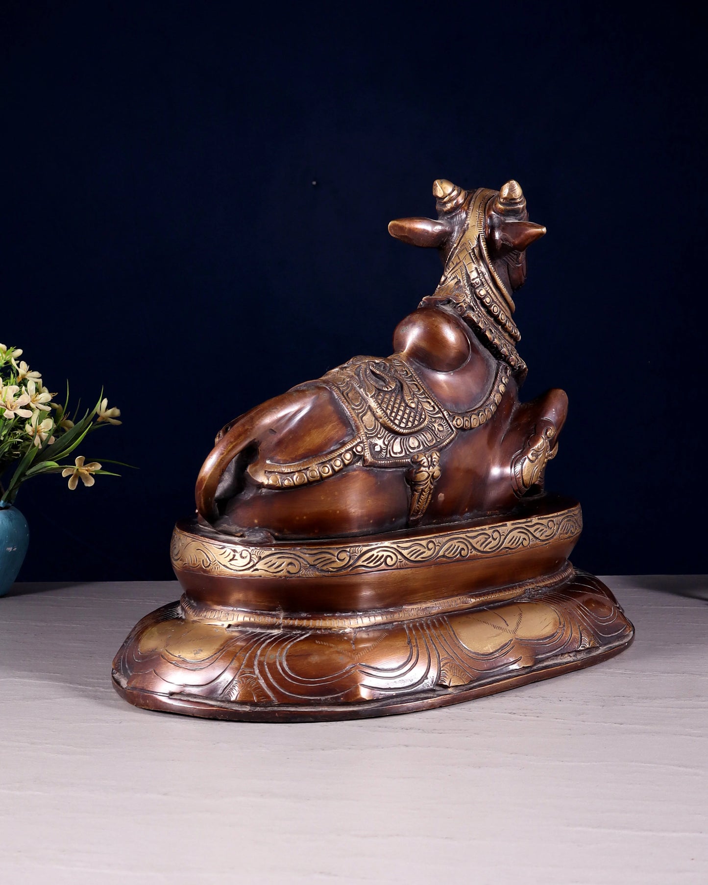 Brassaura™ Pure Brass Nandi/Nandikeshwar Idol – Height 10" & Weight 7.5 Kgs | Seated on Engraved Base