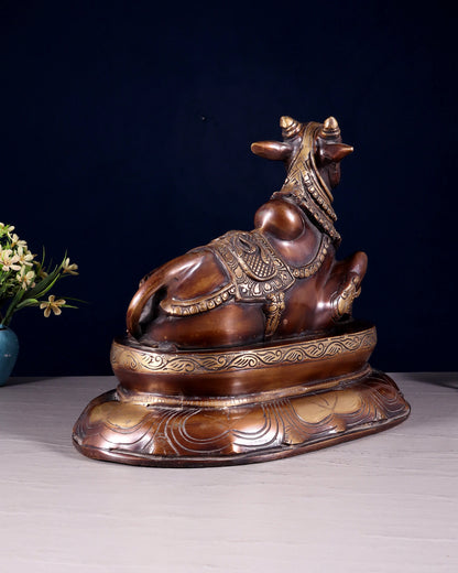 Brassaura™ Pure Brass Nandi/Nandikeshwar Idol – Height 10" & Weight 7.5 Kgs | Seated on Engraved Base