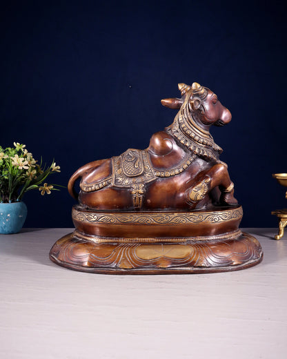 Brassaura™ Pure Brass Nandi/Nandikeshwar Idol – Height 10" & Weight 7.5 Kgs | Seated on Engraved Base