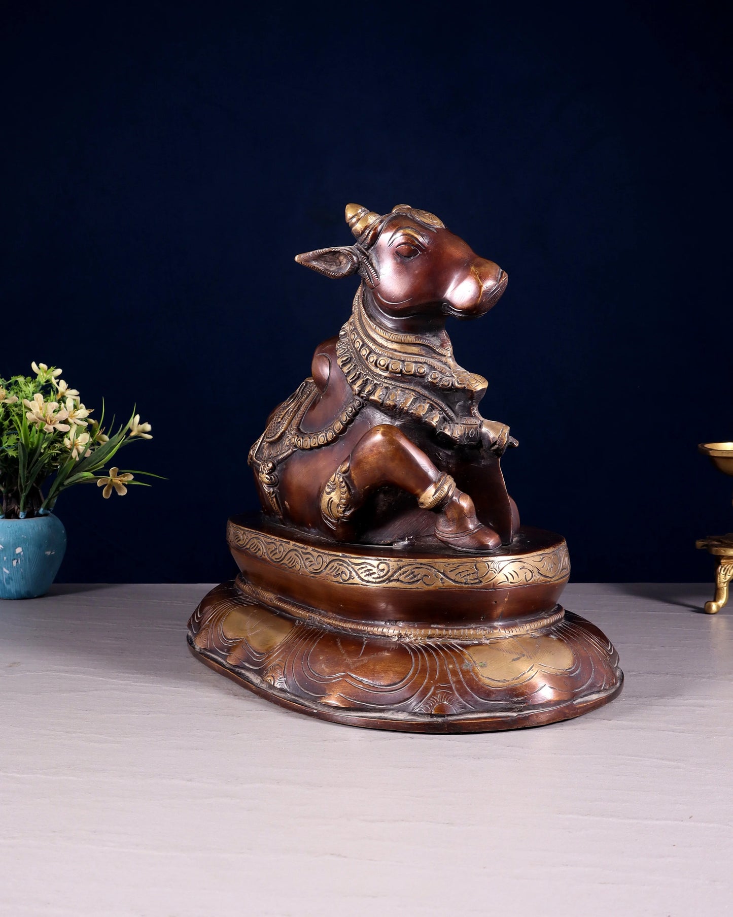 Brassaura™ Pure Brass Nandi/Nandikeshwar Idol – Height 10" & Weight 7.5 Kgs | Seated on Engraved Base