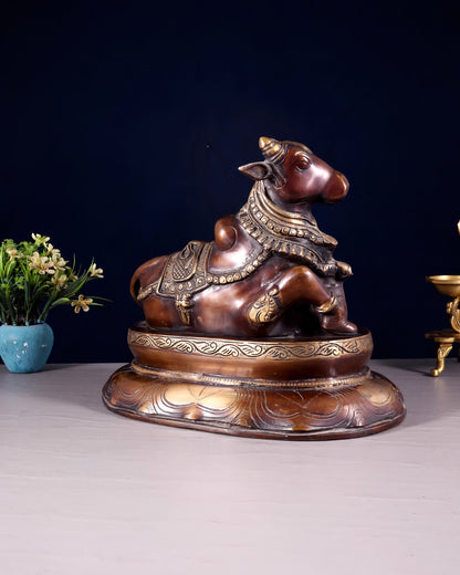 Brassaura™ Pure Brass Nandi/Nandikeshwar Idol – Height 10" & Weight 7.5 Kgs | Seated on Engraved Base
