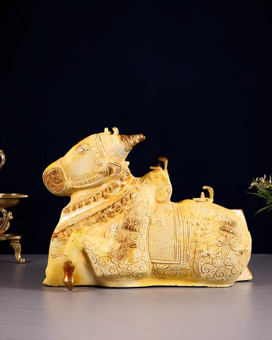 Brassaura™ Fully Carved Brass Nandi Statue with Shiv Lings – Height 8" & Weight 5.5 Kgs | Sand Finish