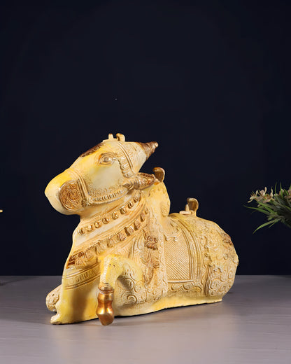 Brassaura™ Fully Carved Brass Nandi Statue with Shiv Lings – Height 8" & Weight 5.5 Kgs | Sand Finish