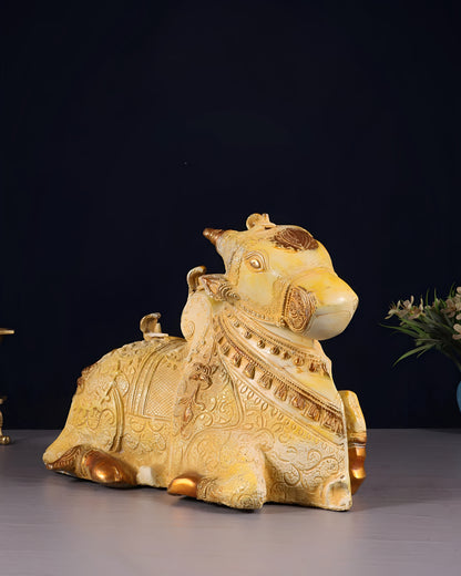 Brassaura™ Fully Carved Brass Nandi Statue with Shiv Lings – Height 8" & Weight 5.5 Kgs | Sand Finish