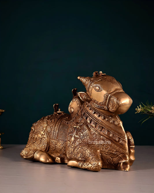 Brassaura® Pure Brass Nandi Fully Carved Statue with Three Shivling – Height 8 Inches, Weight 5.5 Kgs | Matte Gold Finish Large Nandi