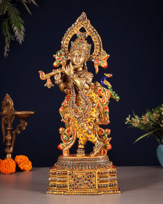 BrassAura™ Pure Brass Lord Krishna Statue – Laakh Meenakari Work | Height 13.5 Inch | Weight 3.3 Kg