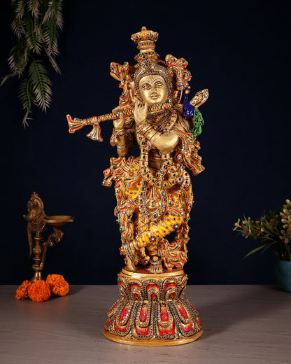 Brassaura™ Brass Krishna Statue with Natural Stones – Height 21" | Weight 9 Kgs