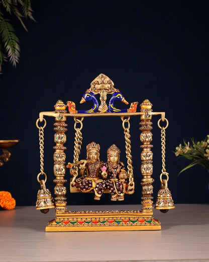 Brassaura™ Brass Radha Krishna Swing Idol with Laakh Meenakari – Height 10 Inches & Weight 2.5 Kgs | Elegant Devotional Statue