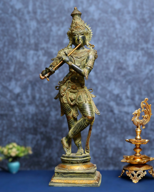 BrassAura™ Brass Krishna Statue – Green Algae Finish | Height 35 Inch | Weight 19 Kg