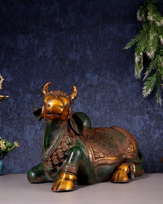 Brassaura® Handcrafted Brass Nandi Idol – Height 14.5 Inches & Weight 20 Kgs | Vintage Green & Red Patina Finish