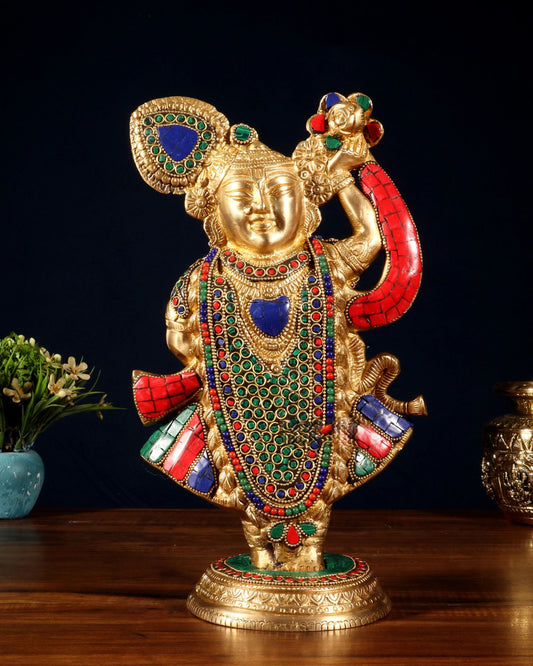 BrassAura™ Brass Lord Shrinath Ji Statue – Golden Finish with Pichwai Meenakari Work | Height 13 Inch | Weight 4.5 Kg