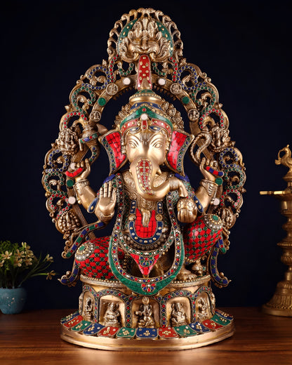 Brassaura® Brass Superfine Lord Ganesha Statue with Stonework, Ashtavinayaka Base & Prabhavali | Height 26 Inches