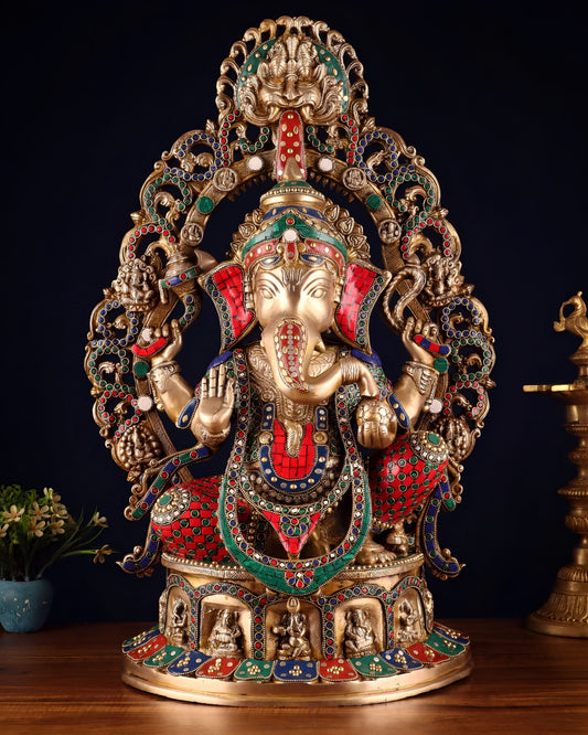 ब्रासौर्रा® ब्रास सुपरफाइन भगवान गणेश मूर्ति, स्टोनवर्क, अष्टविनायक बेस और प्रभावाली के साथ | ऊंचाई 26 इंच