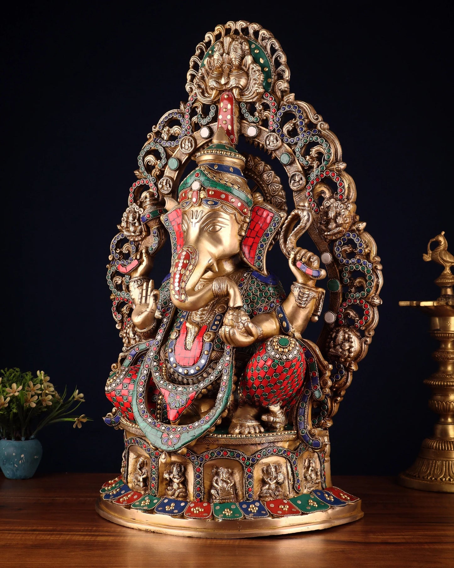 Brassaura® Brass Superfine Lord Ganesha Statue with Stonework, Ashtavinayaka Base & Prabhavali | Height 26 Inches