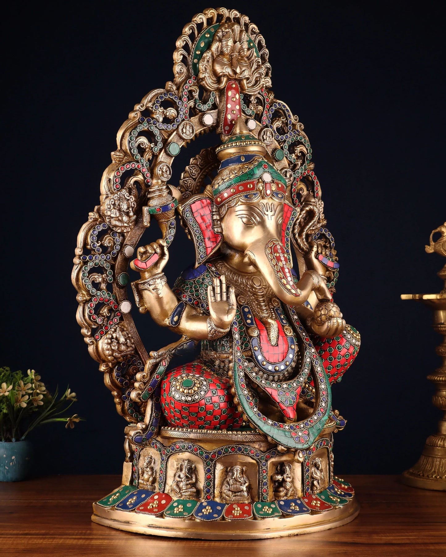 Brassaura® Brass Superfine Lord Ganesha Statue with Stonework, Ashtavinayaka Base & Prabhavali | Height 26 Inches