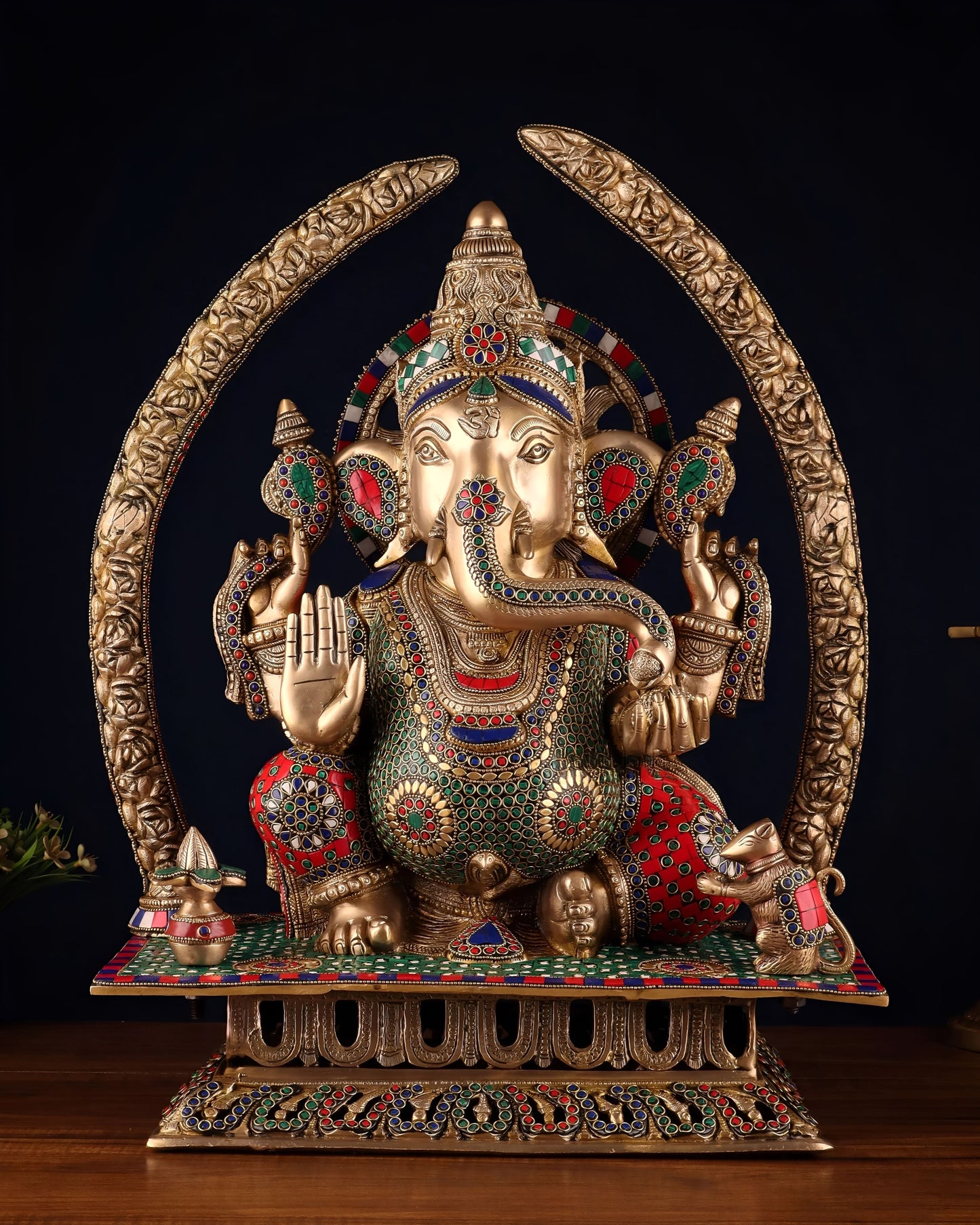 Brassaura® Handcrafted Brass Lord Ganapathi Statue with Carved Base & Elephant Tusk Arch Pillars | Height 22 Inches