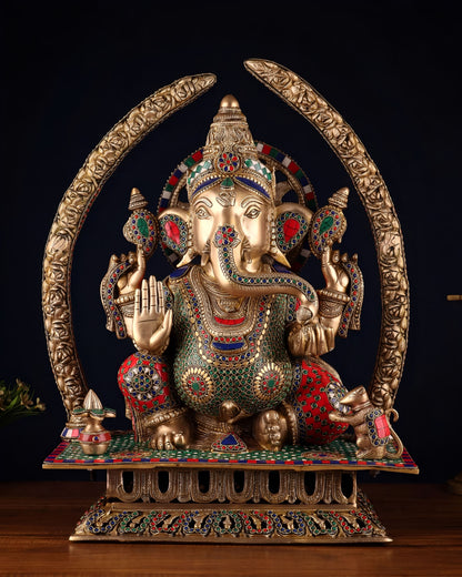 Brassaura® Handcrafted Brass Lord Ganapathi Statue with Carved Base & Elephant Tusk Arch Pillars | Height 22 Inches
