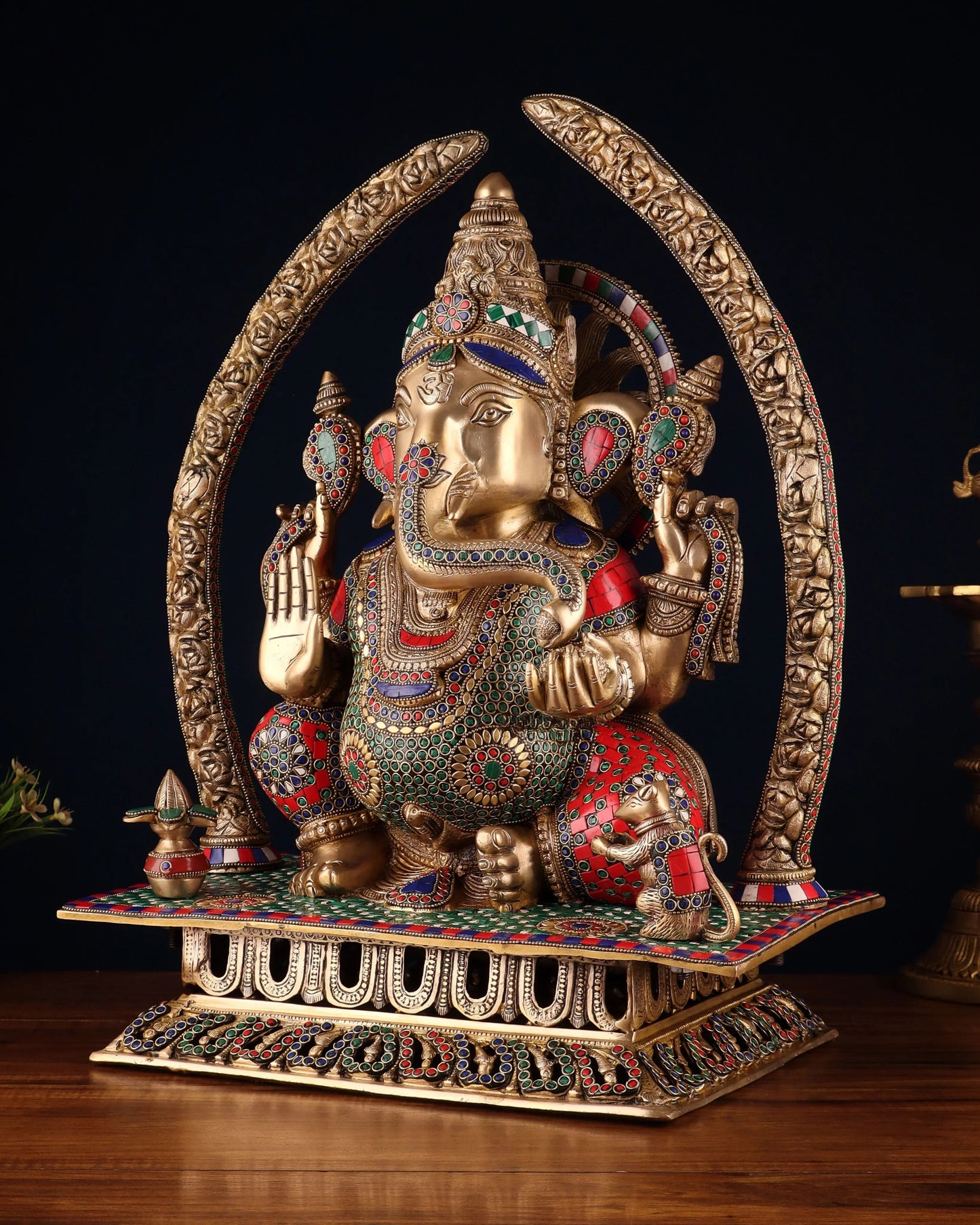 Brassaura® Handcrafted Brass Lord Ganapathi Statue with Carved Base & Elephant Tusk Arch Pillars | Height 22 Inches