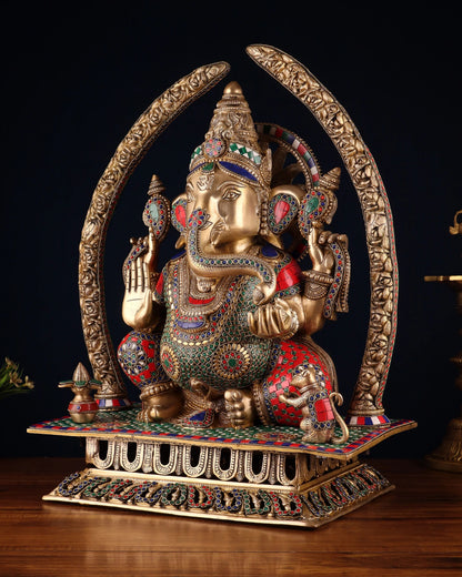 Brassaura® Handcrafted Brass Lord Ganapathi Statue with Carved Base & Elephant Tusk Arch Pillars | Height 22 Inches