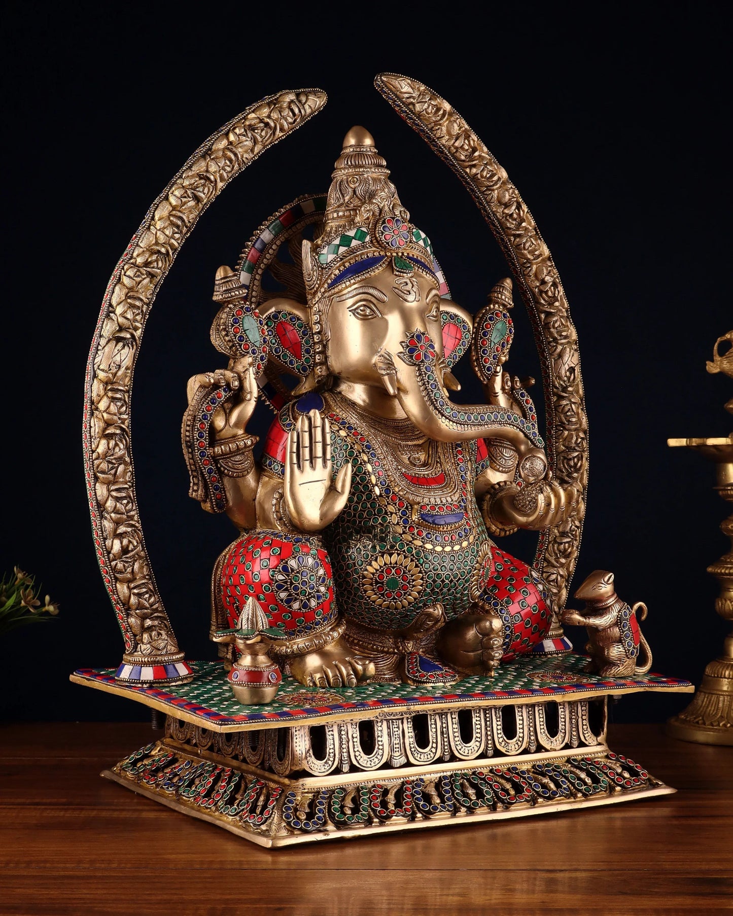 Brassaura® Handcrafted Brass Lord Ganapathi Statue with Carved Base & Elephant Tusk Arch Pillars | Height 22 Inches