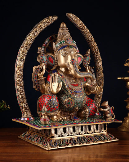 Brassaura® Handcrafted Brass Lord Ganapathi Statue with Carved Base & Elephant Tusk Arch Pillars | Height 22 Inches