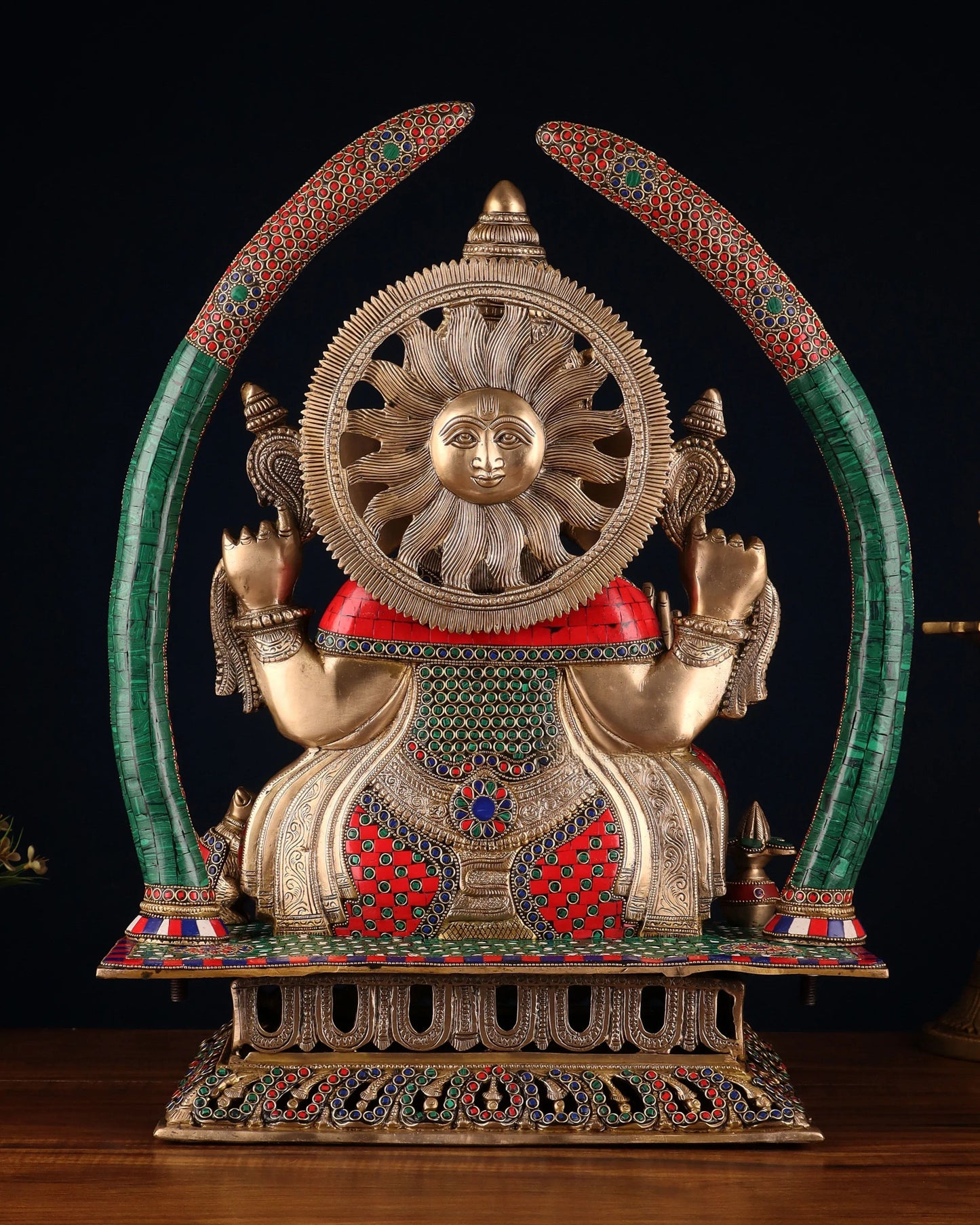 Brassaura® Handcrafted Brass Lord Ganapathi Statue with Carved Base & Elephant Tusk Arch Pillars | Height 22 Inches
