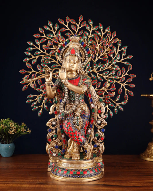 Brassaura™ Brass Krishna under Kalpavriksha with Stonework – Height 23 Inches & Weight 14.5 Kgs