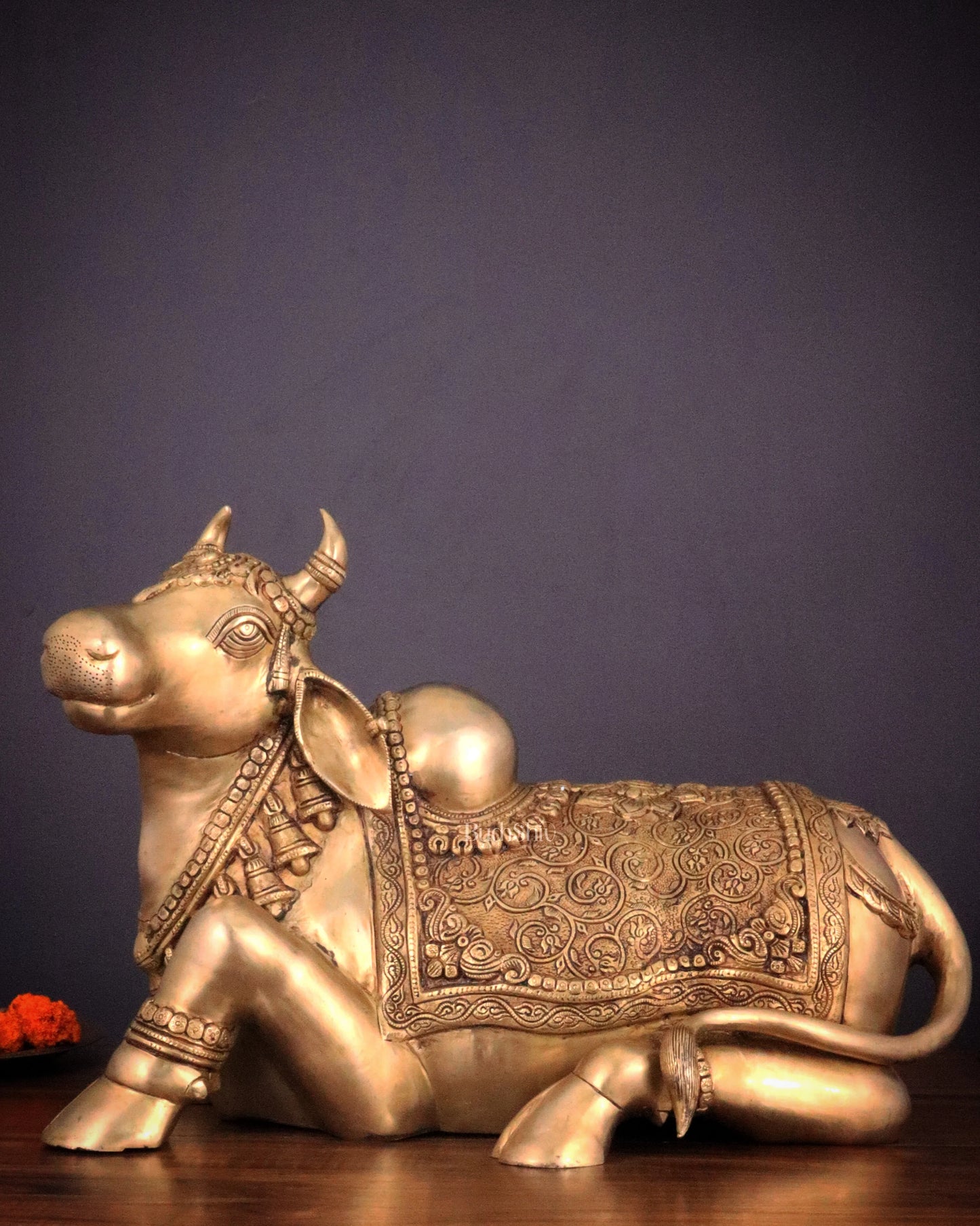 Brassaura™ Pure Brass Nandi Statue with Three Shivling – Height 8 Inches & Weight 5.5 Kgs | Intricately Carved Sand Finish Idol