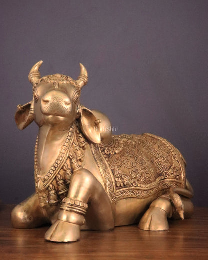 Brassaura™ Pure Brass Nandi Statue with Three Shivling – Height 8 Inches & Weight 5.5 Kgs | Intricately Carved Sand Finish Idol