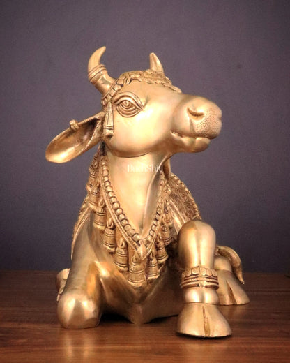 Brassaura™ Pure Brass Nandi Statue with Three Shivling – Height 8 Inches & Weight 5.5 Kgs | Intricately Carved Sand Finish Idol