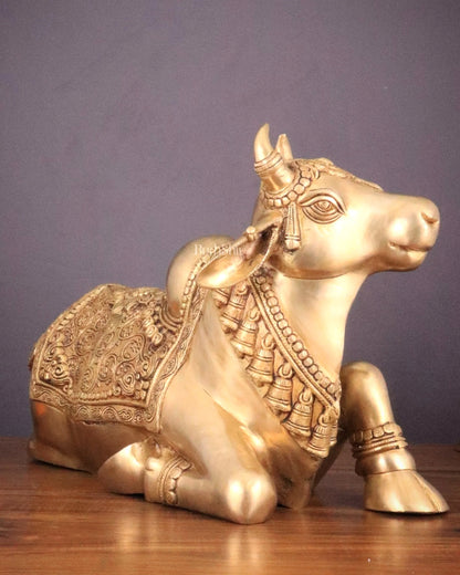 Brassaura™ Pure Brass Nandi Statue with Three Shivling – Height 8 Inches & Weight 5.5 Kgs | Intricately Carved Sand Finish Idol