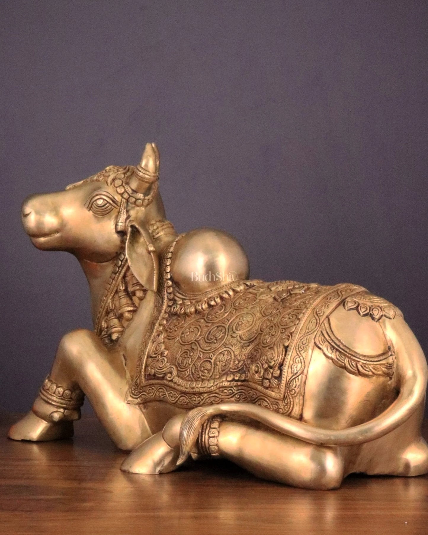 Brassaura™ Pure Brass Nandi Statue with Three Shivling – Height 8 Inches & Weight 5.5 Kgs | Intricately Carved Sand Finish Idol