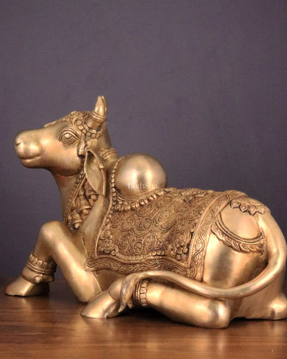 Brassaura™ Pure Brass Nandi Statue with Three Shivling – Height 8 Inches & Weight 5.5 Kgs | Intricately Carved Sand Finish Idol