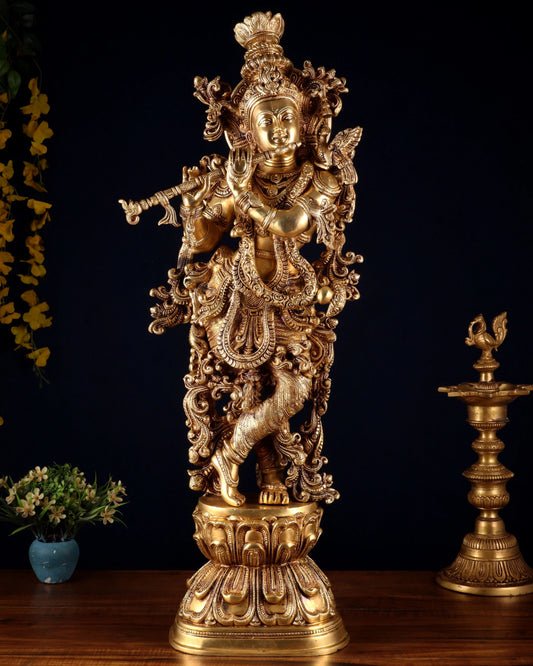 Brassaura® Superfine Brass Lord Krishna Playing Flute Idol | Handcrafted Krishna Murti for Home Temple, Pooja Room, Spiritual Décor & Gifting | Height 30 Inches | Weight 20 Kg