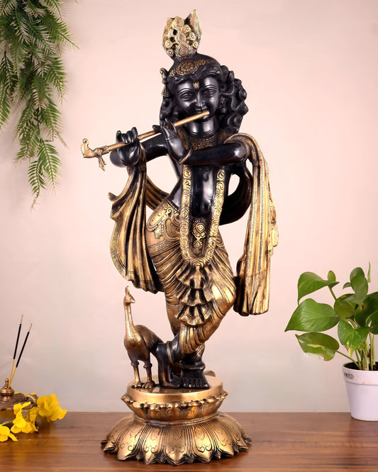 Brassaura™ Pure Brass Superfine Black Krishna Statue | Serene Smiling Face | Height 27 Inches & Weight 20 Kgs