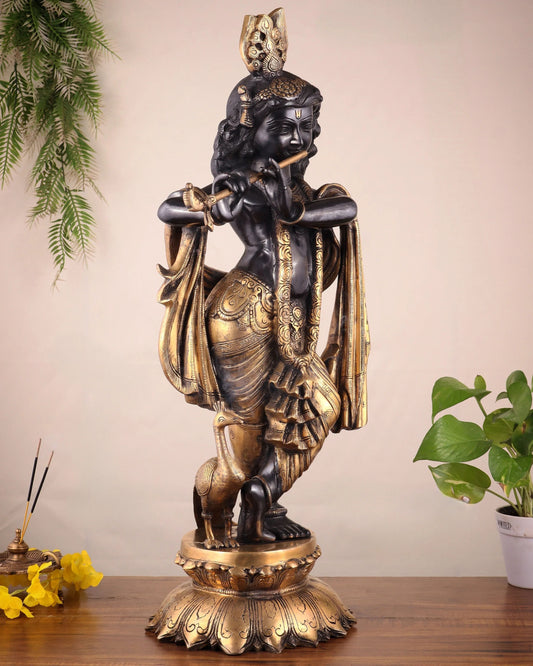 Brassaura™ Pure Brass Superfine Black Krishna Statue | Serene Smiling Face | Height 27 Inches & Weight 20 Kgs